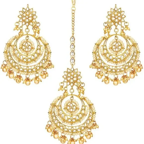 Ethnic Chandbali Earrings Maang Tikka Set Alloy Traditional Jewelry Gift